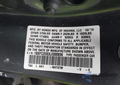 2020 Honda Civic Sport z USA, uszkodzony, nr VIN 19XFC2E83LE000856